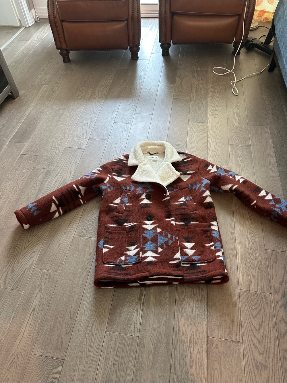 Orvis Brown Patterned Sherpa-Collar Cardigan Jacket